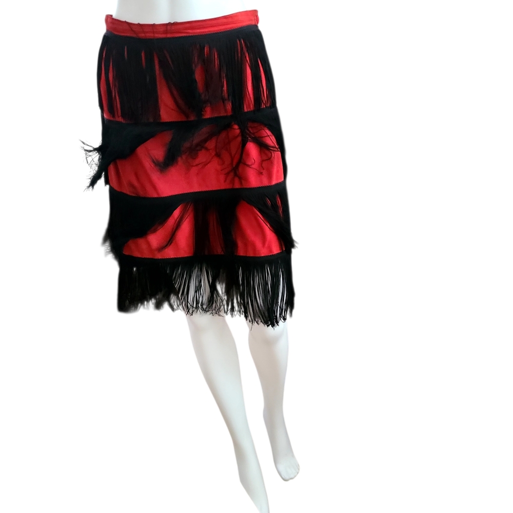 Pure Luxury Fabulous Vintage Italian Red Nubuck Skirt With Black Silk Fringes